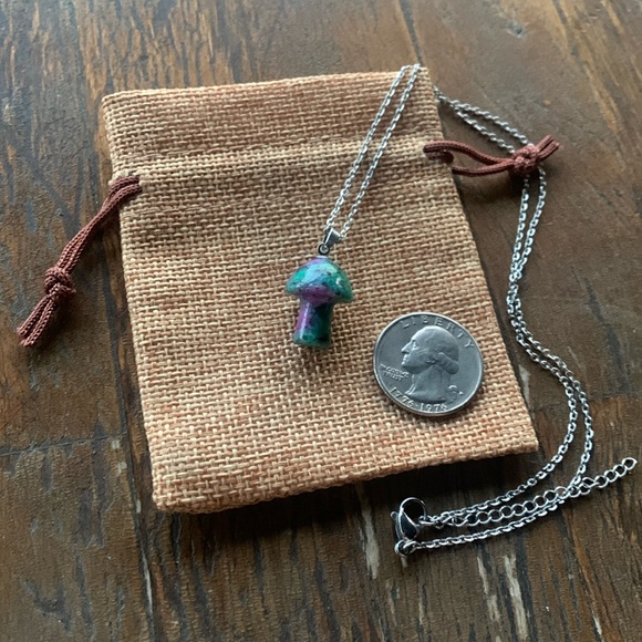 Ruby Zoisite Mushroom Necklace Mushroom Pendant Boho Jewelry Hippie Necklace - Picture 2 of 3